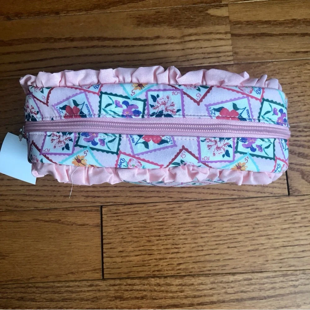 Lancome Pink Floral Stamp Ruffle Coated Canvas like Pouch Cosmetic Bag NWT
